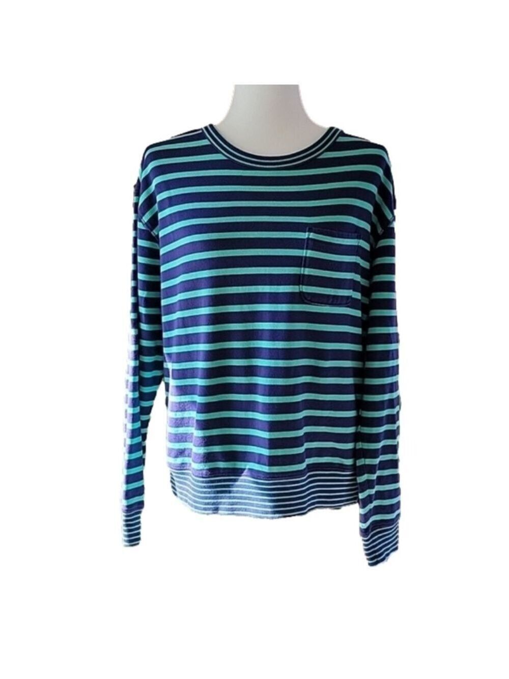 GAP Navy Green Striped Long Sleeve Crewneck Top Size Large EUC